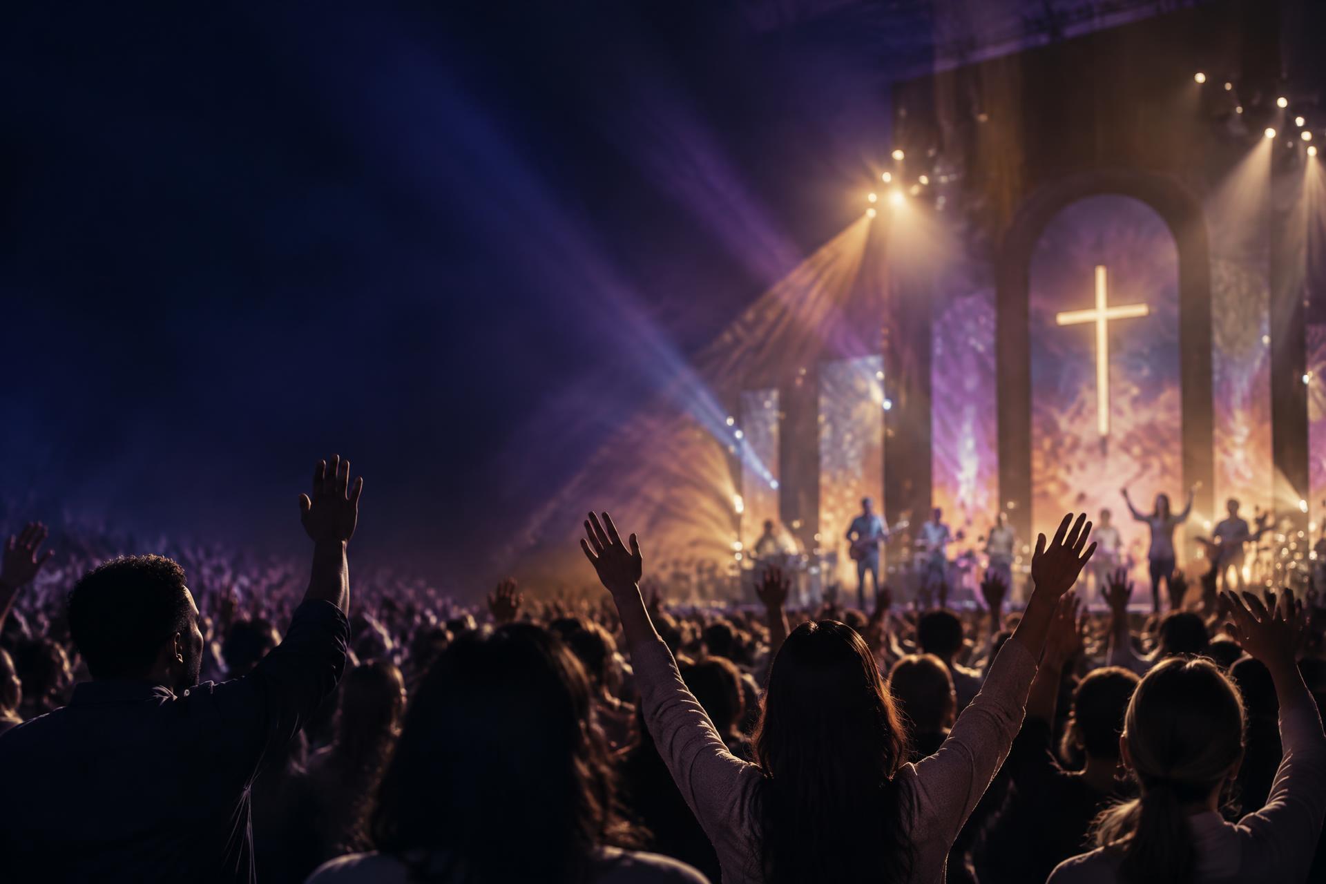A joyful worship community raising their hands toward a warmly lit stage